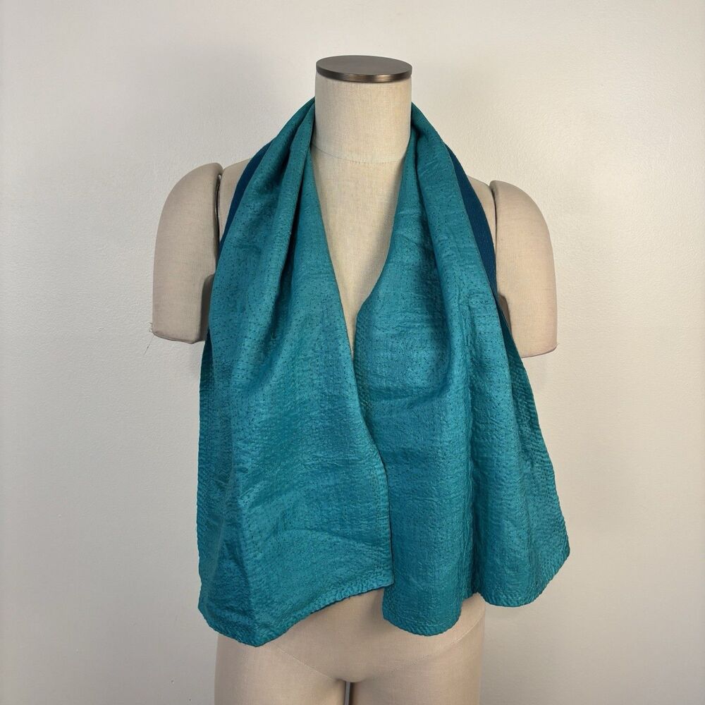 Dosa Hand-Stitched Kantha Silk Scarf Teal and Cerulean Reversible Christina Kim - Picture 5 of 11